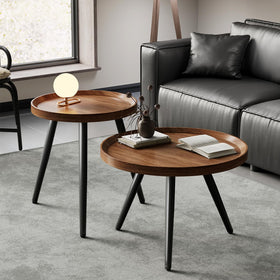 Recximi walnut nesting tables round side view highlighting interchangeable legs for adjustable height