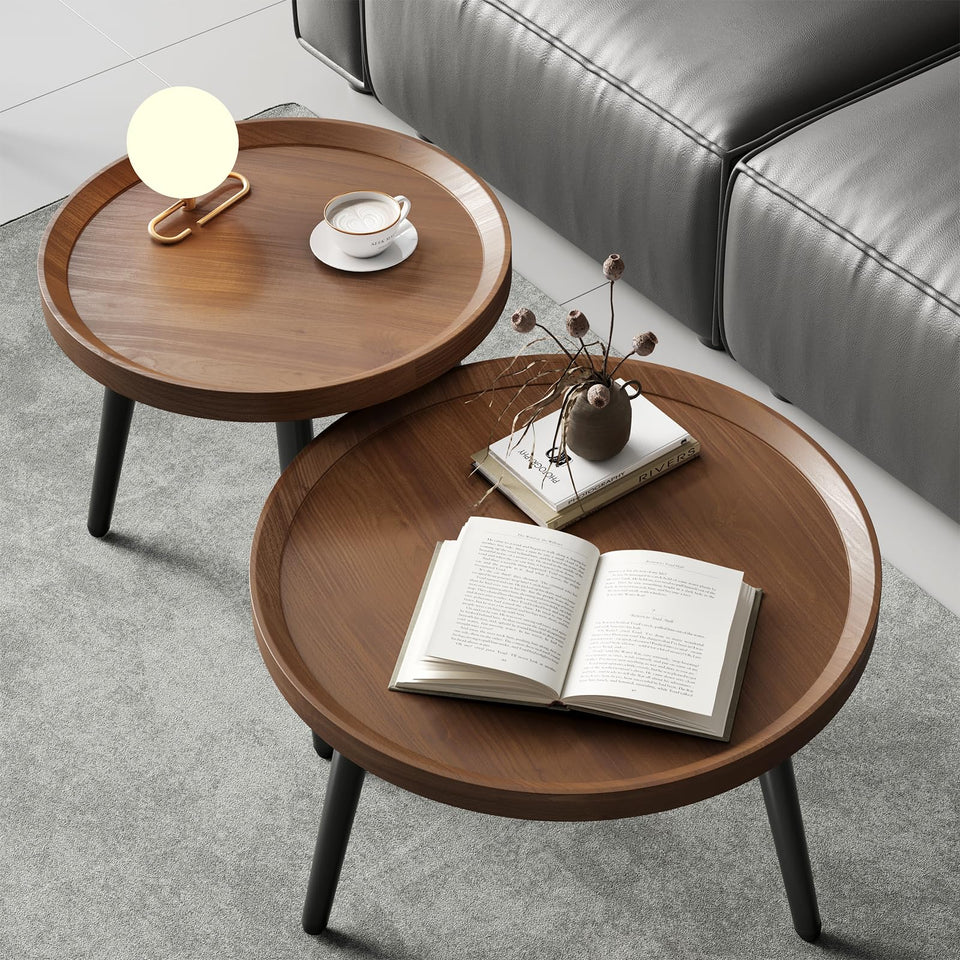Recximi walnut nesting tables round top view showing compact space-saving design for small rooms