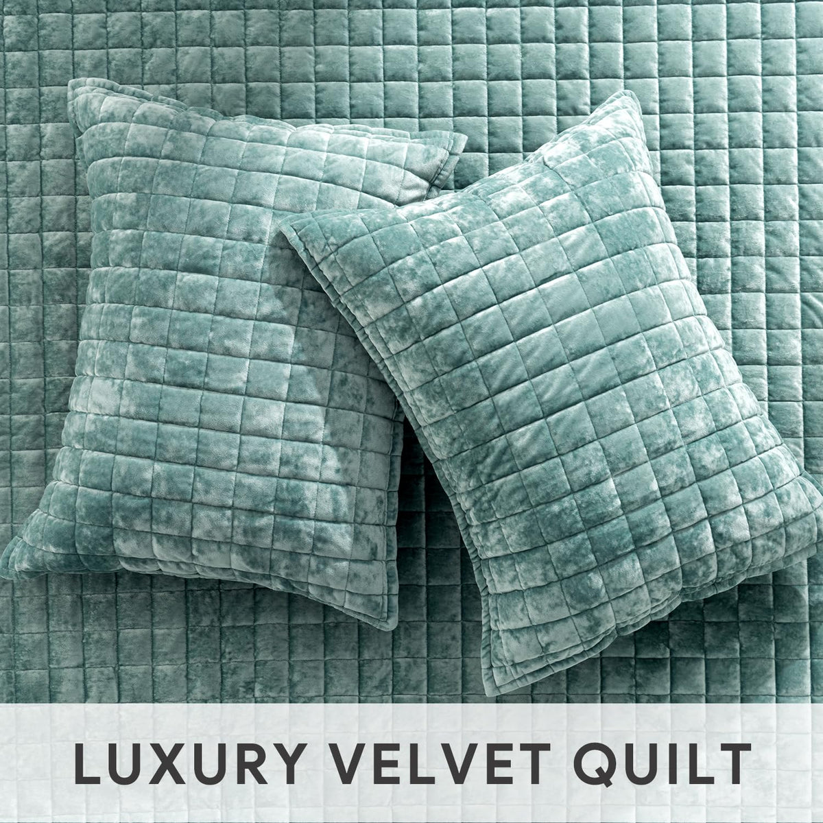RECYCO green velvet quilt highlights durable edges for long-lasting bedding.