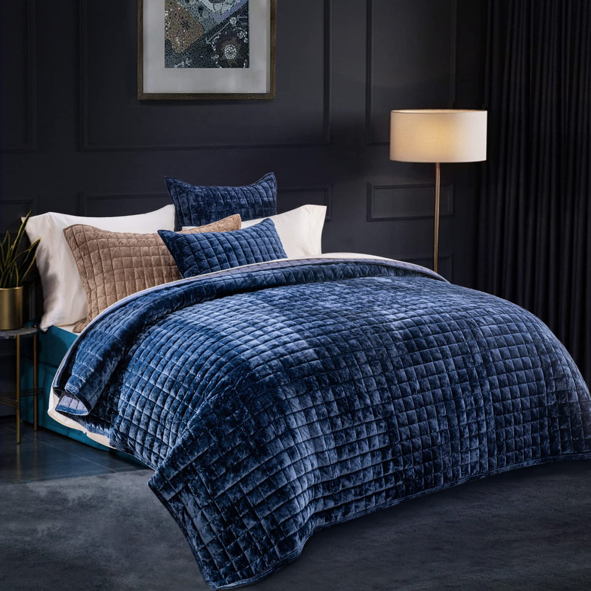RECYCO luxury velvet quilt full queen shows rich navy sheen for elegant bedding