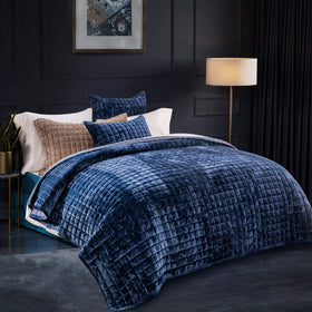 RECYCO luxury velvet quilt full queen shows rich navy sheen for elegant bedding