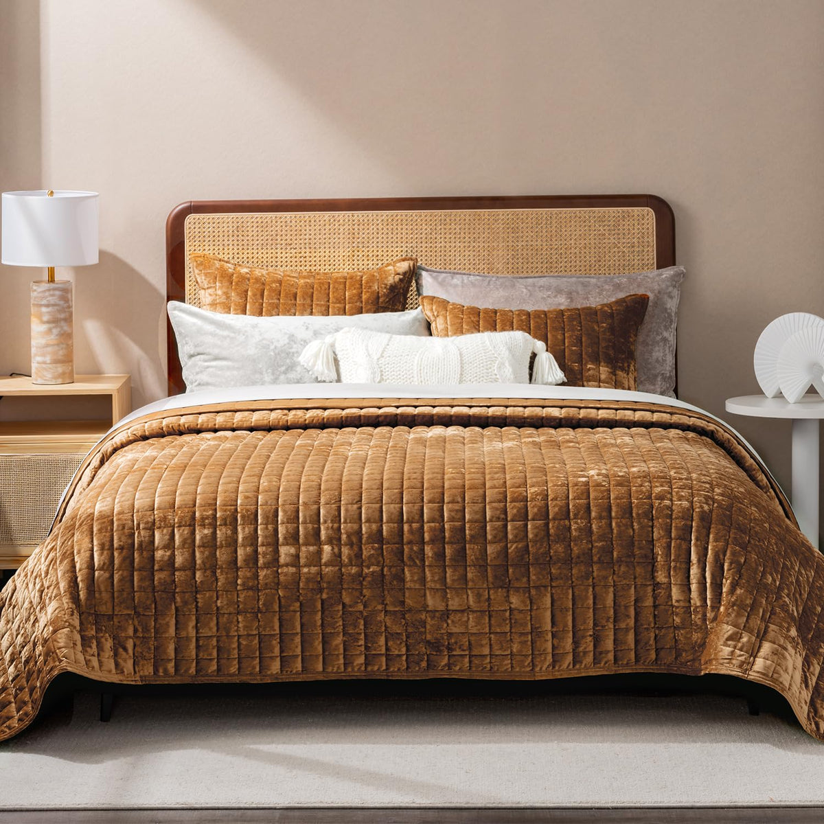 RECYCO Luxury Velvet Quilt Set in caramel gold adds sophisticated sheen to your bedroom.