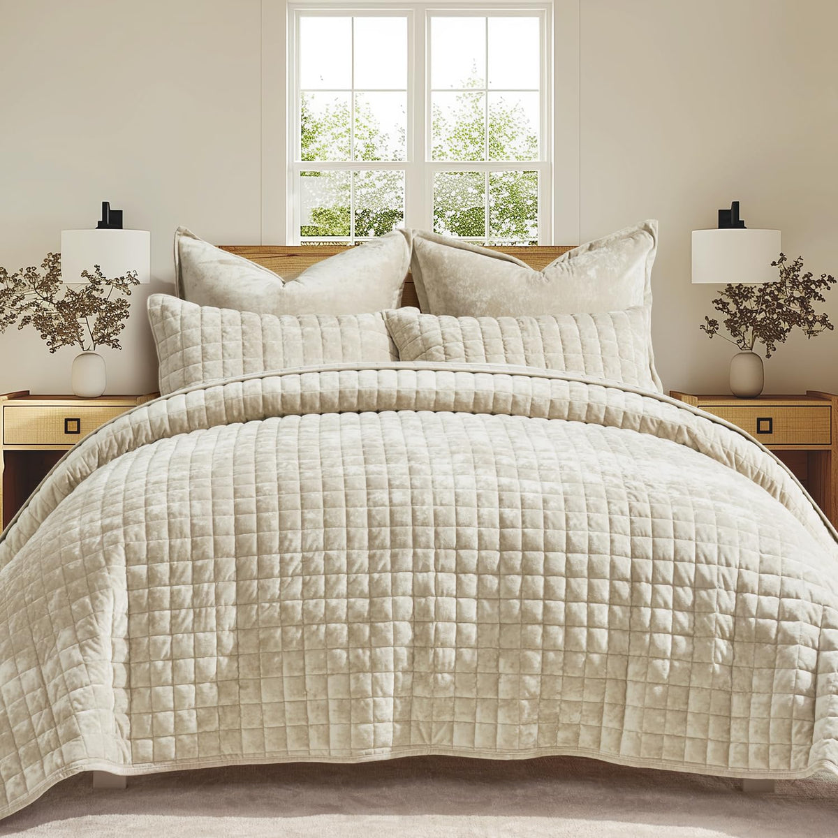 RECYCO velvet quilt beige bedroom shot enhances cozy ambiance.