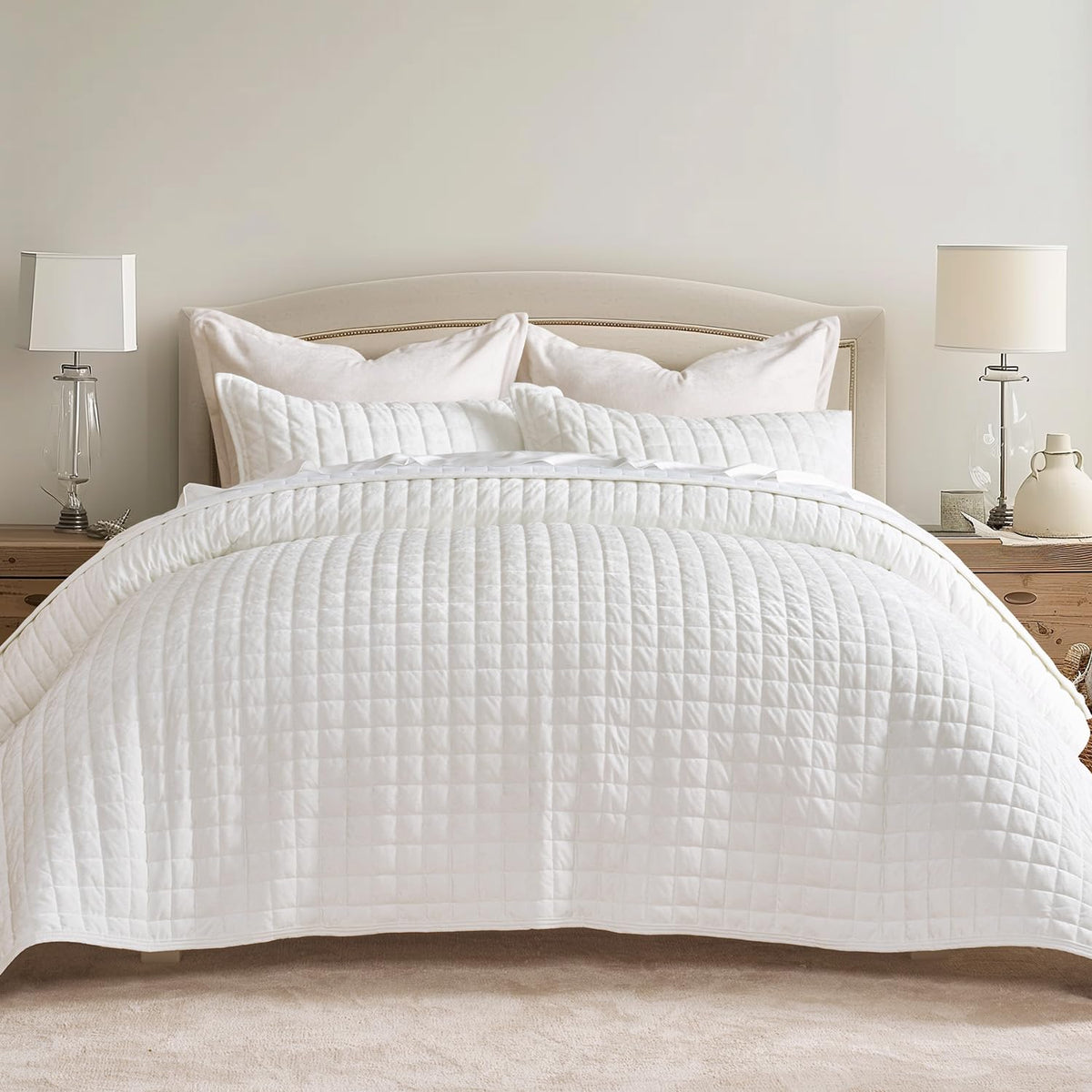RECYCO luxury velvet quilt set in bright white shows premium sheen for elegant bedrooms.