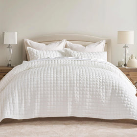 RECYCO luxury velvet quilt set in bright white shows premium sheen for elegant bedrooms.