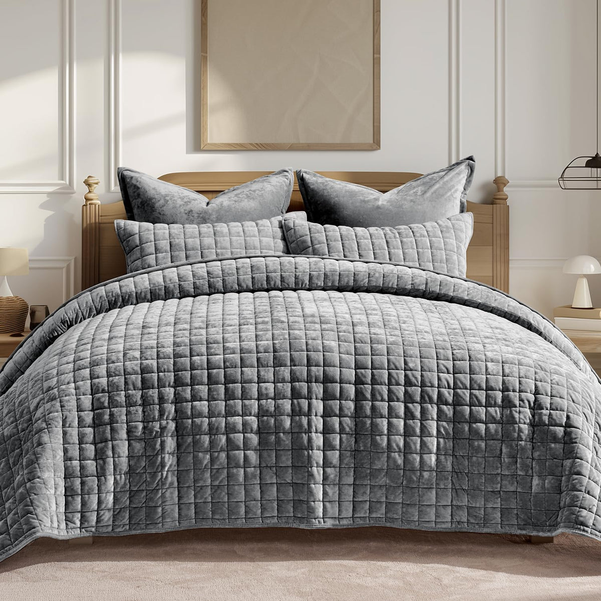 RECYCO luxury velvet quilt set in charcoal with channel stitching for a chic bed reveal.