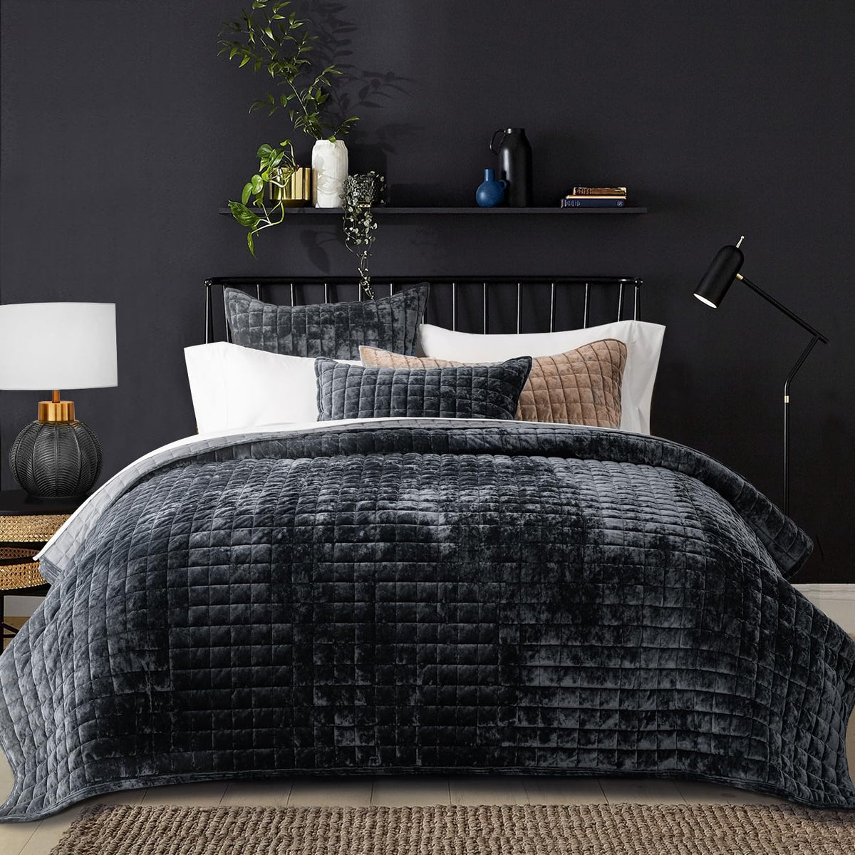 RECYCO luxury velvet quilt set in king size with rich black velvet and channel stitching.