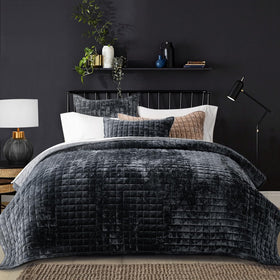 RECYCO luxury velvet quilt set in king size with rich black velvet and channel stitching.