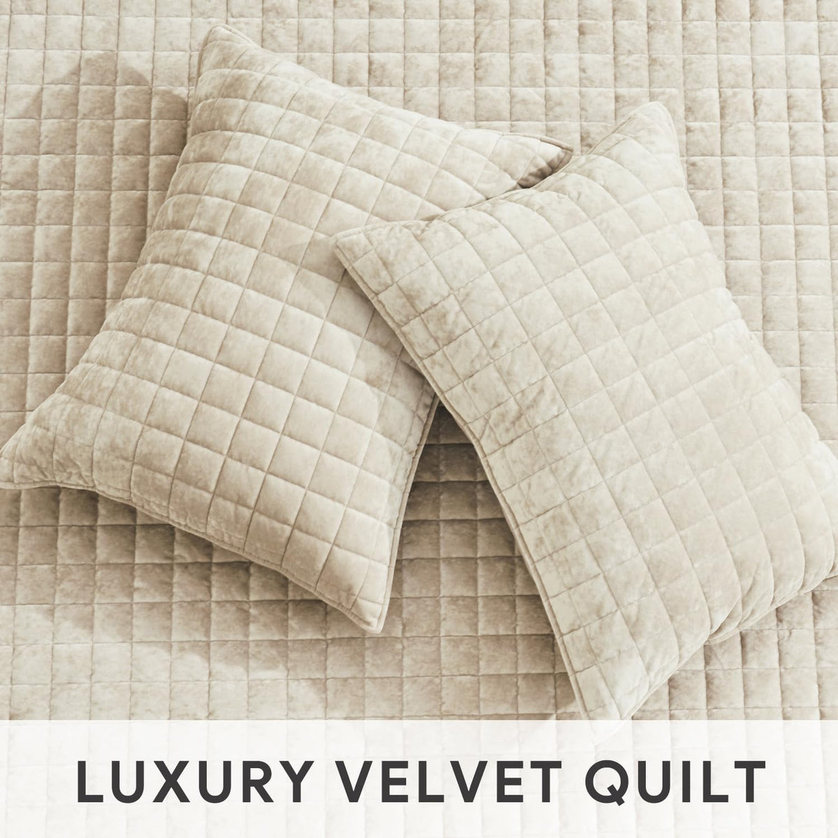 RECYCO velvet quilt with two beige shams complements coordinated bedding.