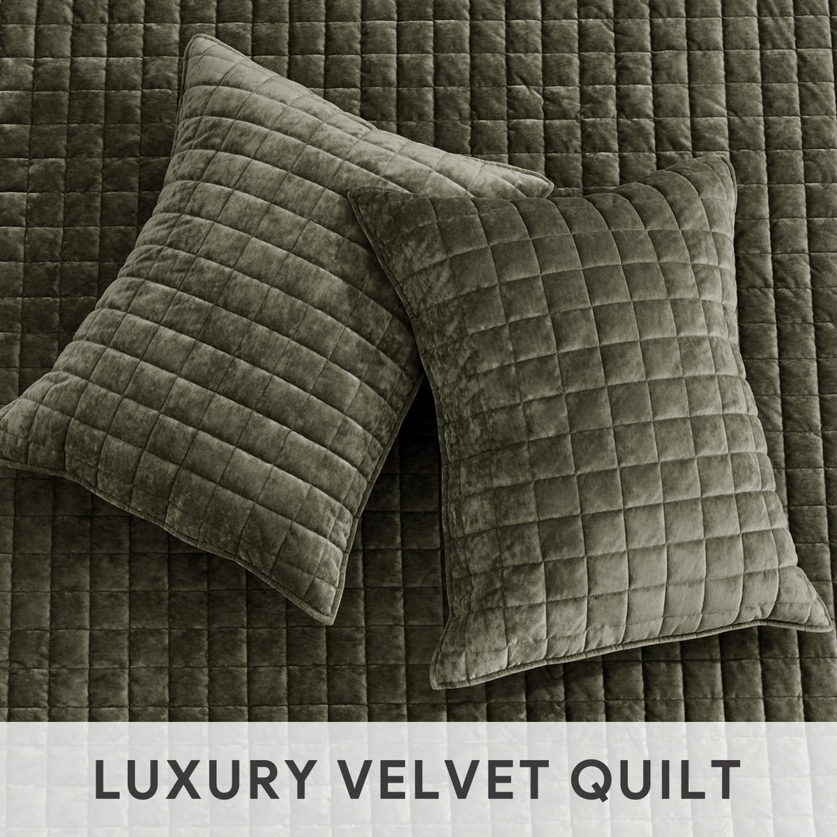 RECYCO olive-green velvet bedspread on bed shows deep color.
