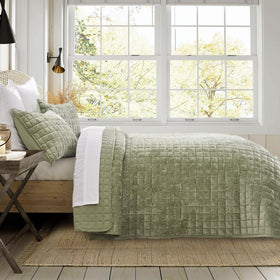 RECYCO sage green velvet comforter laid flat for a cozy all-season look