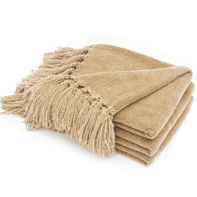 RECYCO beige chenille throw blanket on sofa, adding cozy warmth