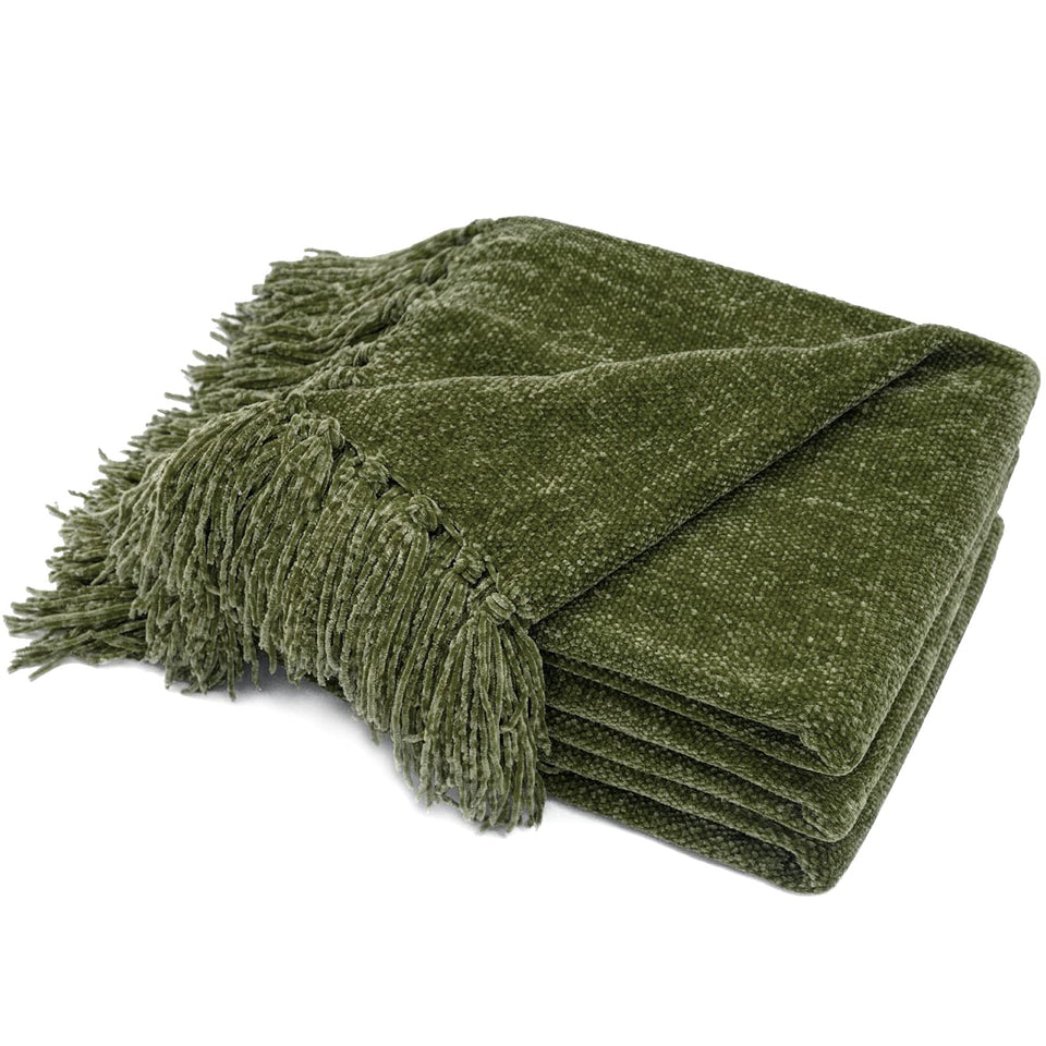 RECYCO chenille throw with fringe, close view of soft texture