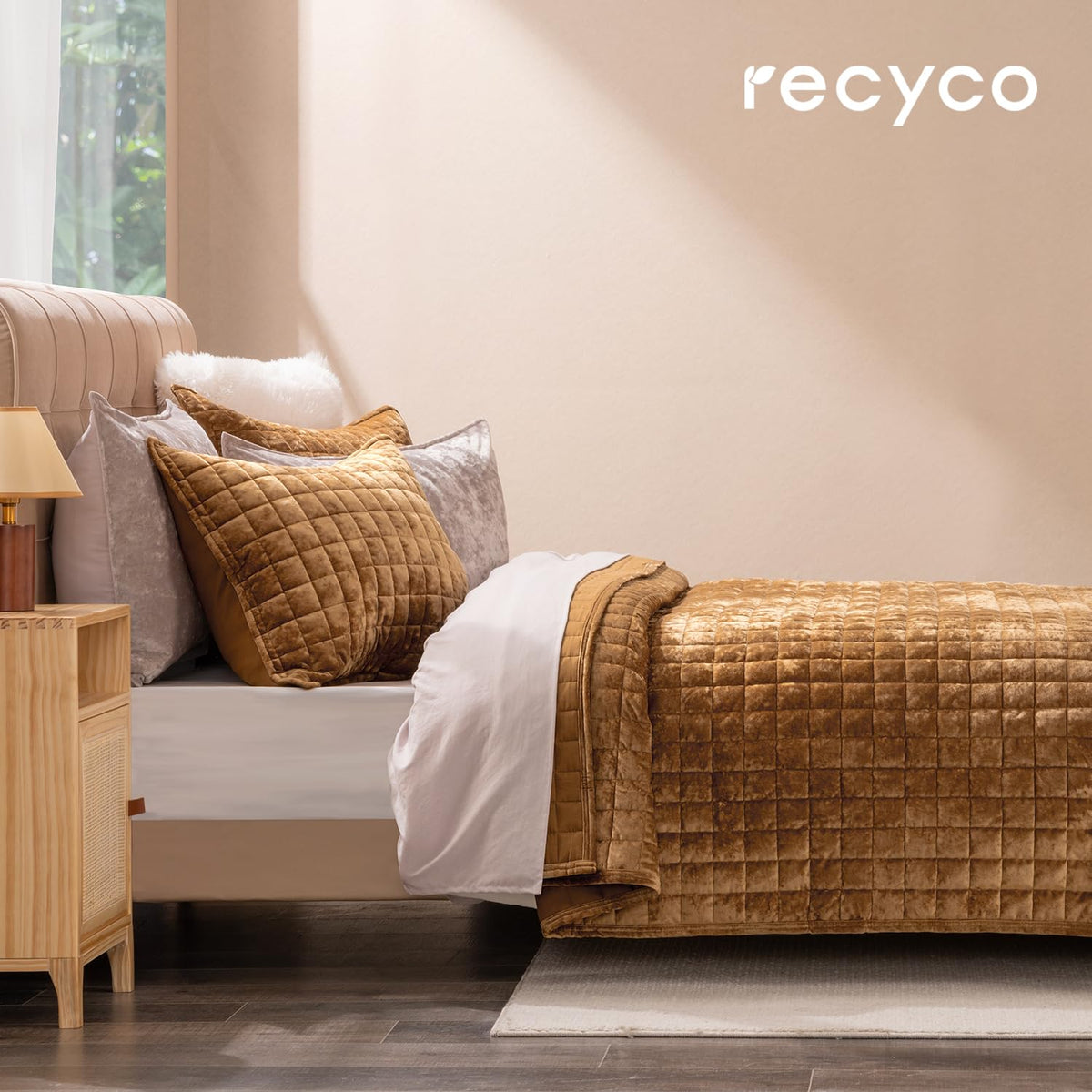 RECYCO Caramel Gold velvet quilt with channel box stitch provides a chic focal point.