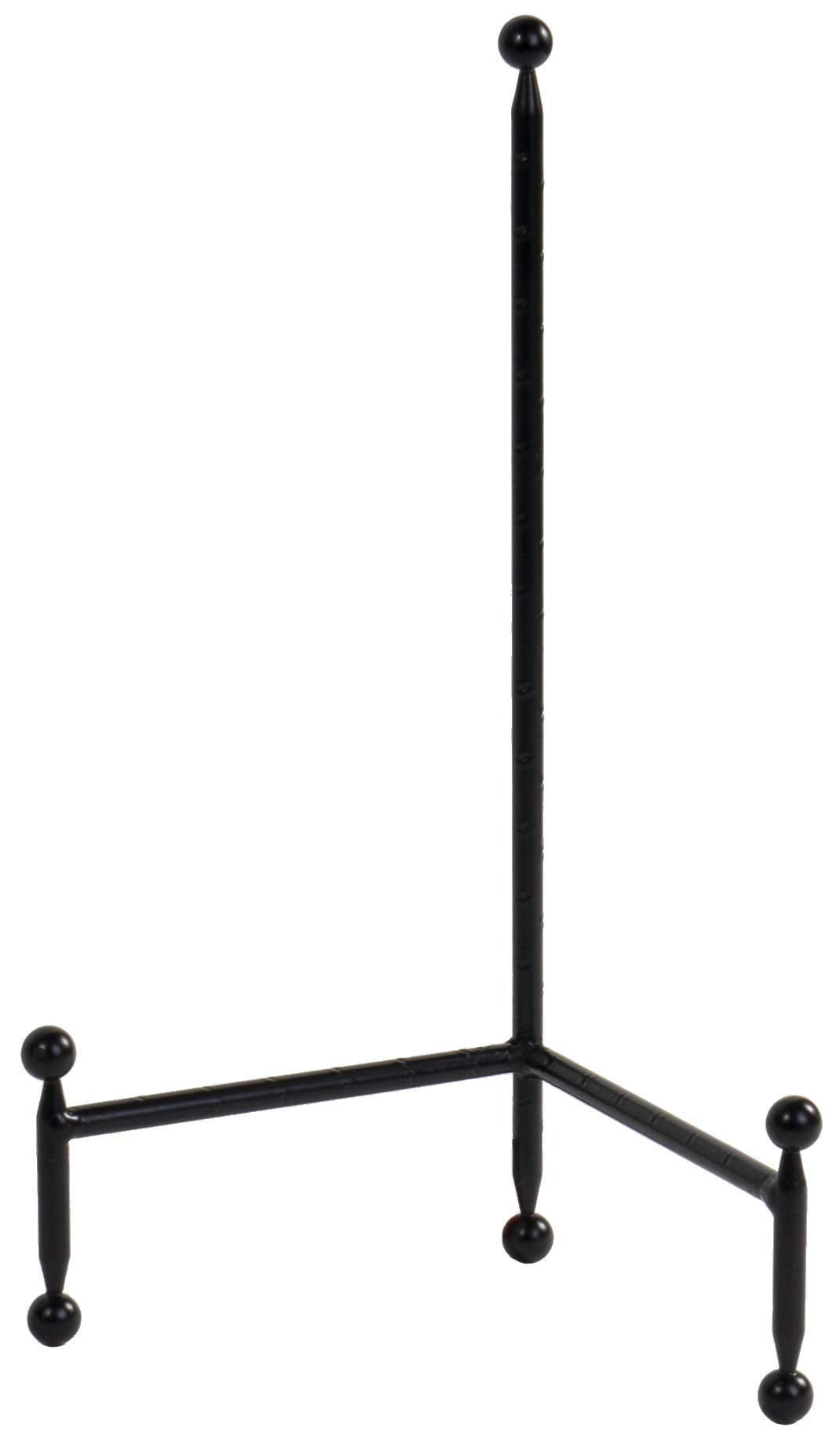 Red Co decorative tripod plate stand in black showcases plates securely on shelves.