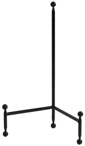 Red Co decorative tripod plate stand in black showcases plates securely on shelves.