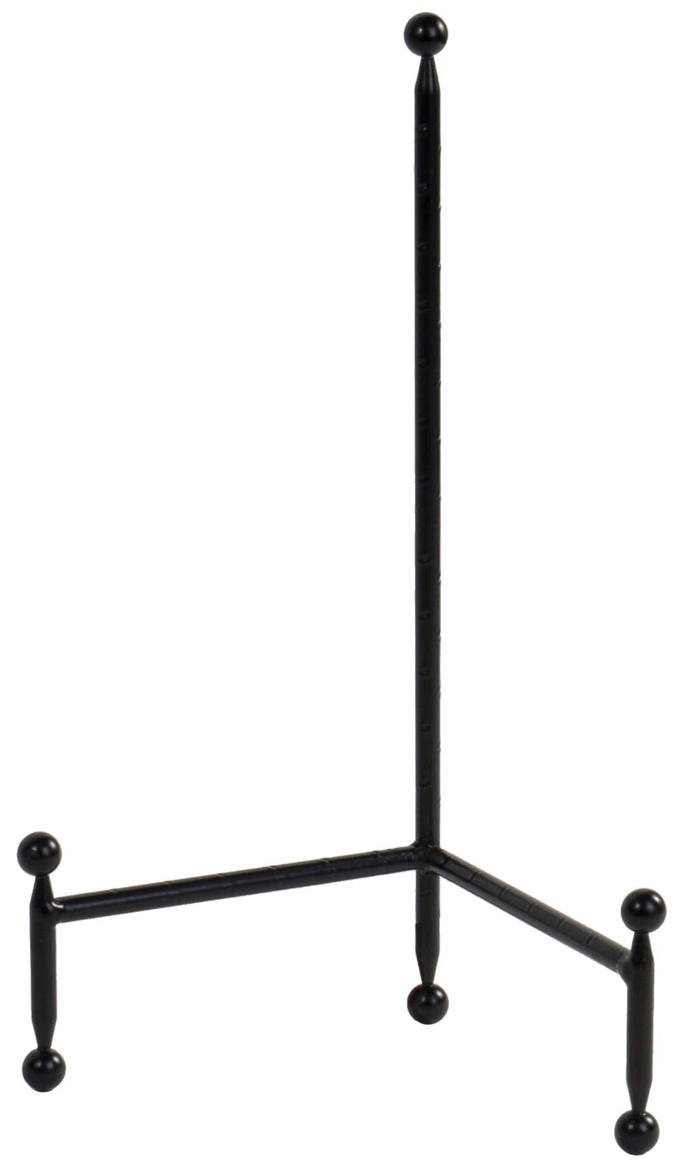 Red Co decorative tripod plate stand in black showcases plates securely on shelves.
