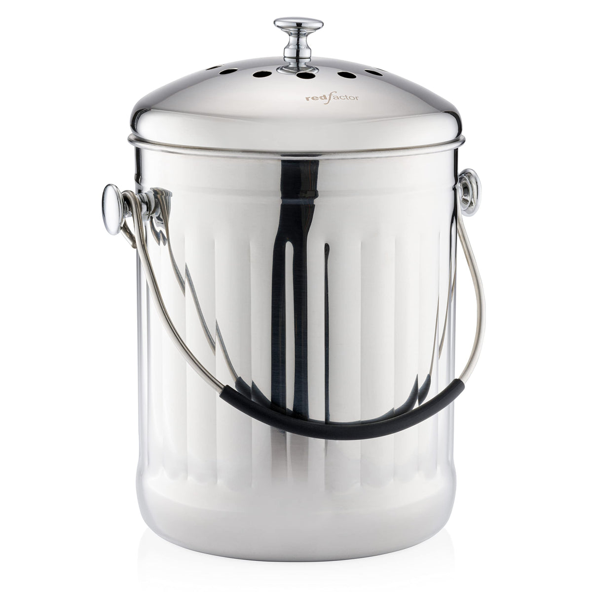 RED FACTOR premium compost bin on countertop with sleek stainless steel design for convenient scraps
