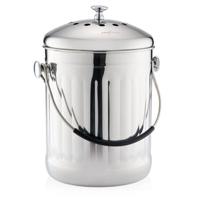 RED FACTOR premium compost bin on countertop with sleek stainless steel design for convenient scraps