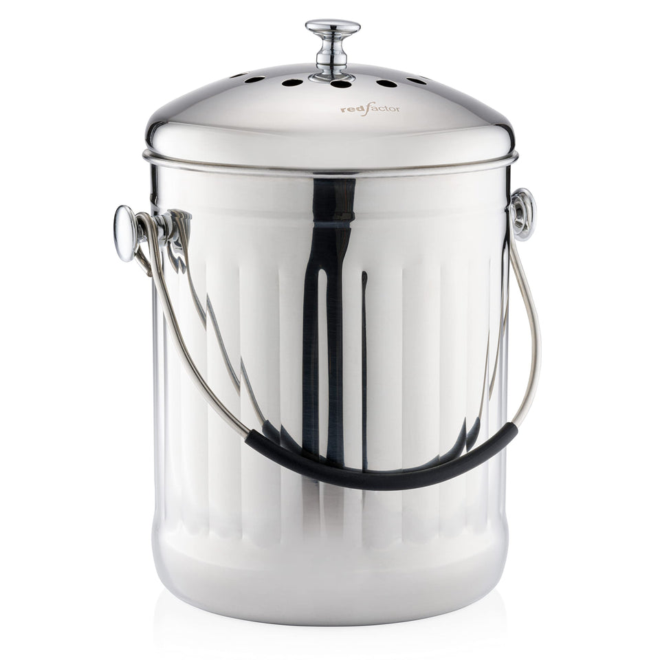 RED FACTOR premium compost bin on countertop with sleek stainless steel design for convenient scraps