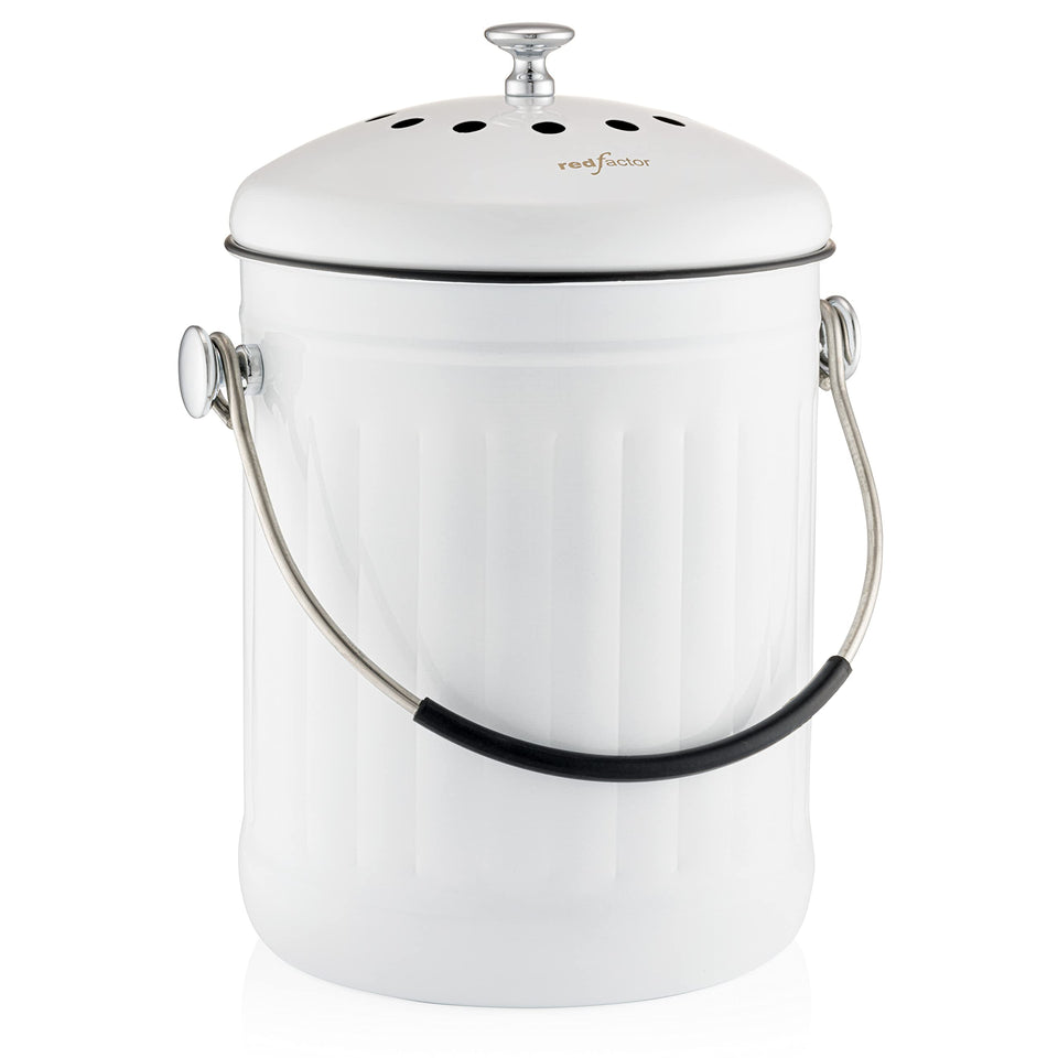 RED FACTOR Premium compost bin with dome lid for odor control on kitchen counter.