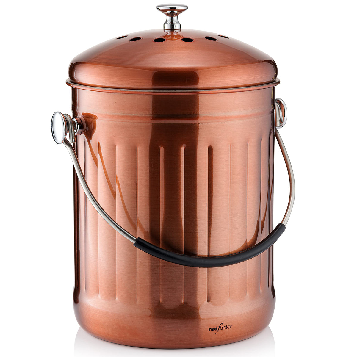 Red Factor premium compost bin with lid sits stylishly on the kitchen counter for easy scraps.