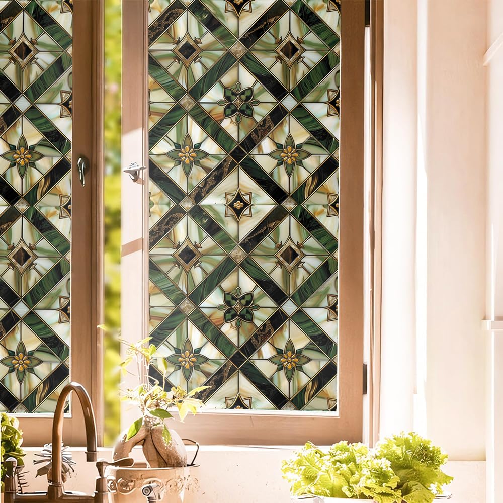 REDAMANCY boho golden geometric window film full panel offers privacy and a warm glow.