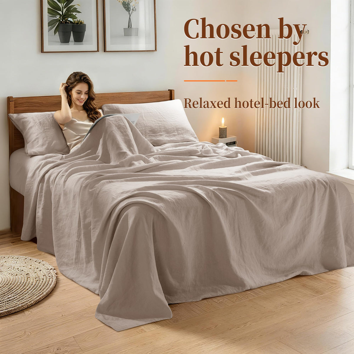 REDASW linen set on bed with minimal wrinkles after drying.