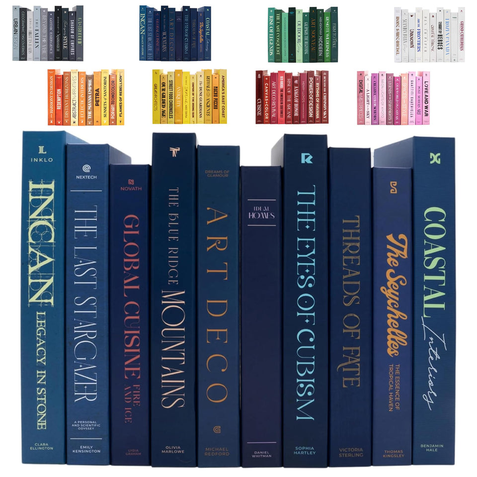 Redesigned Basics decorative books blue 10-book set front view with hidden storage.