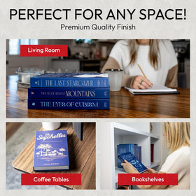 Redesigned Basics decorative books blue 10-book set stacked for chic room staging.
