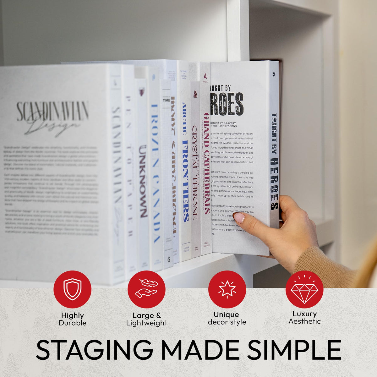 Hidden storage in Redesigned Basics faux books for discreet organization.
