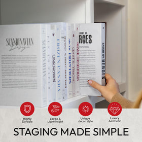 Hidden storage in Redesigned Basics faux books for discreet organization.
