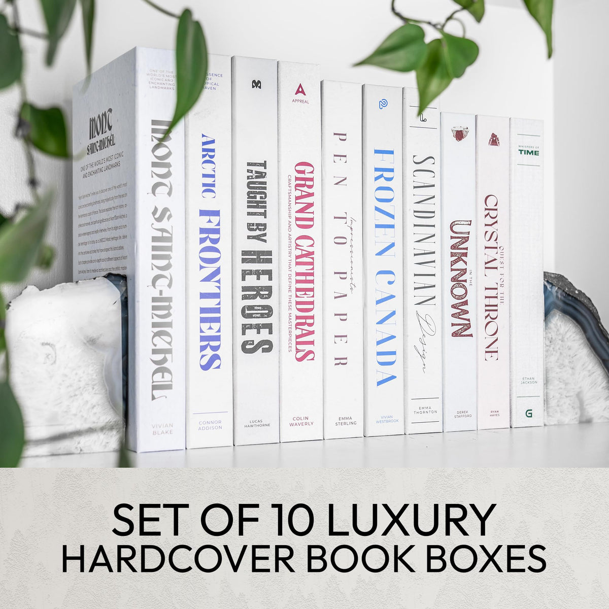 Hardcover-looking Redesigned Basics faux books add luxe texture to shelves.