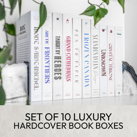 Hardcover-looking Redesigned Basics faux books add luxe texture to shelves.