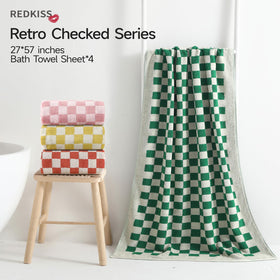 REDKISS checkered towels set in bathroom scene emphasizes size and versatile bath use