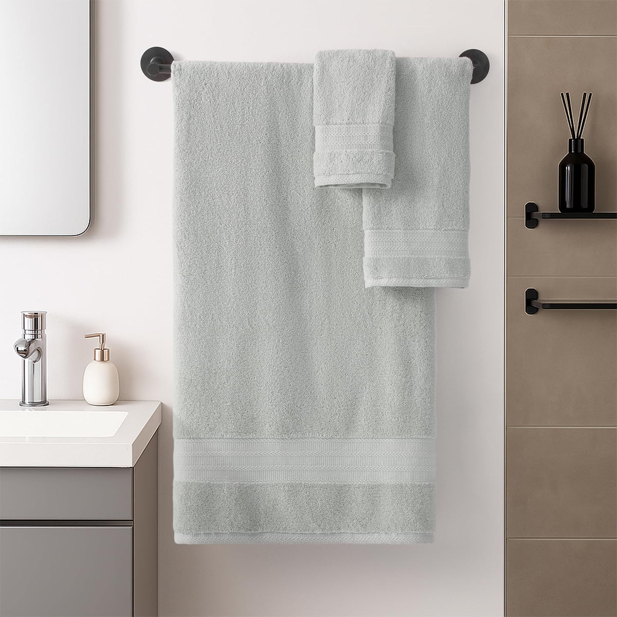 Redkiss grey hand towels displaying soft, lint-free texture