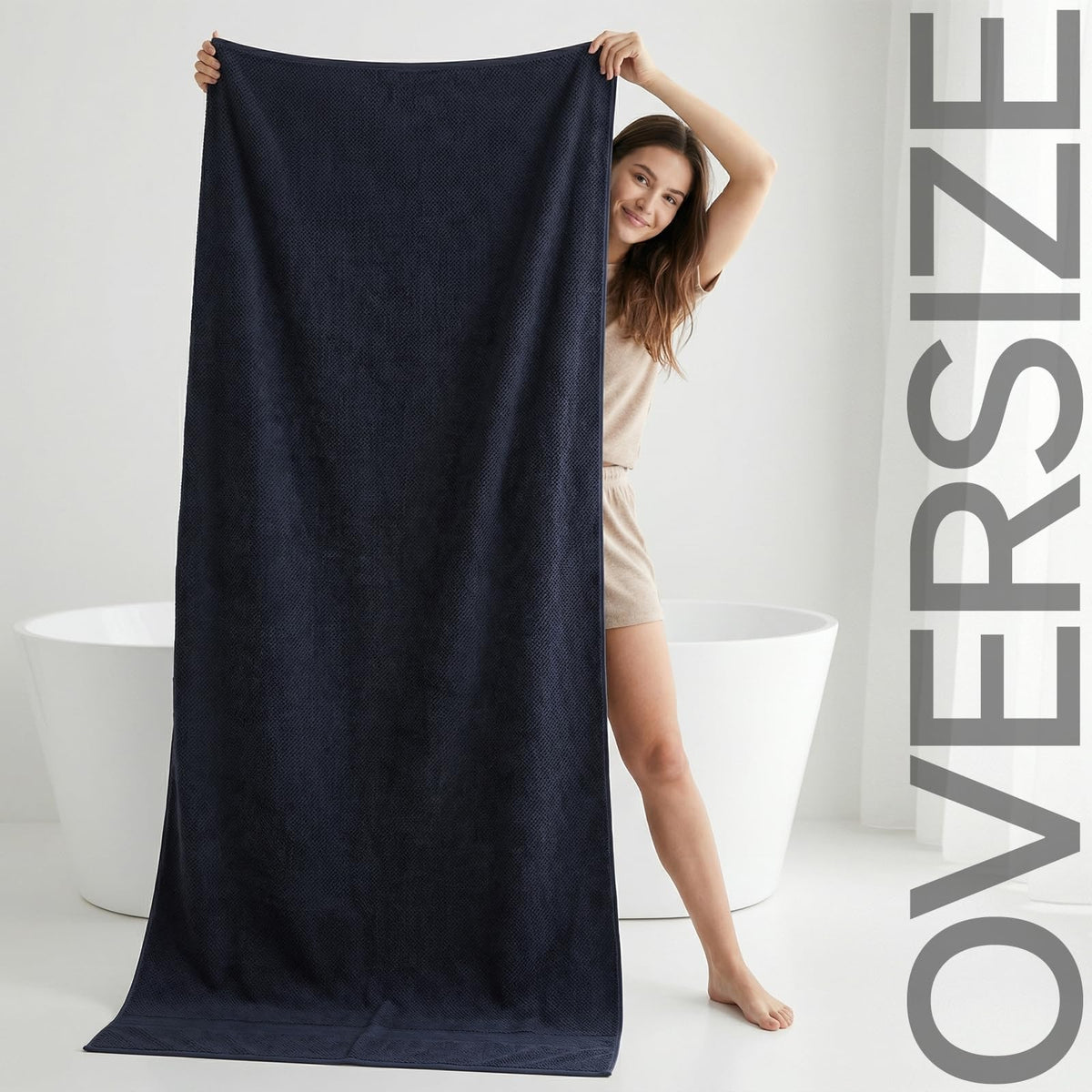redkiss jumbo bath sheet wrapped around the body for oversized comfort