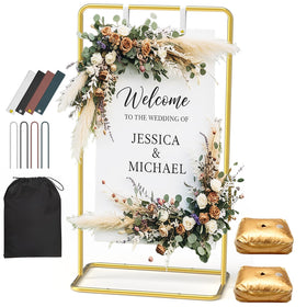 ReePlan wedding sign stand with gold frame on elegant reception display.