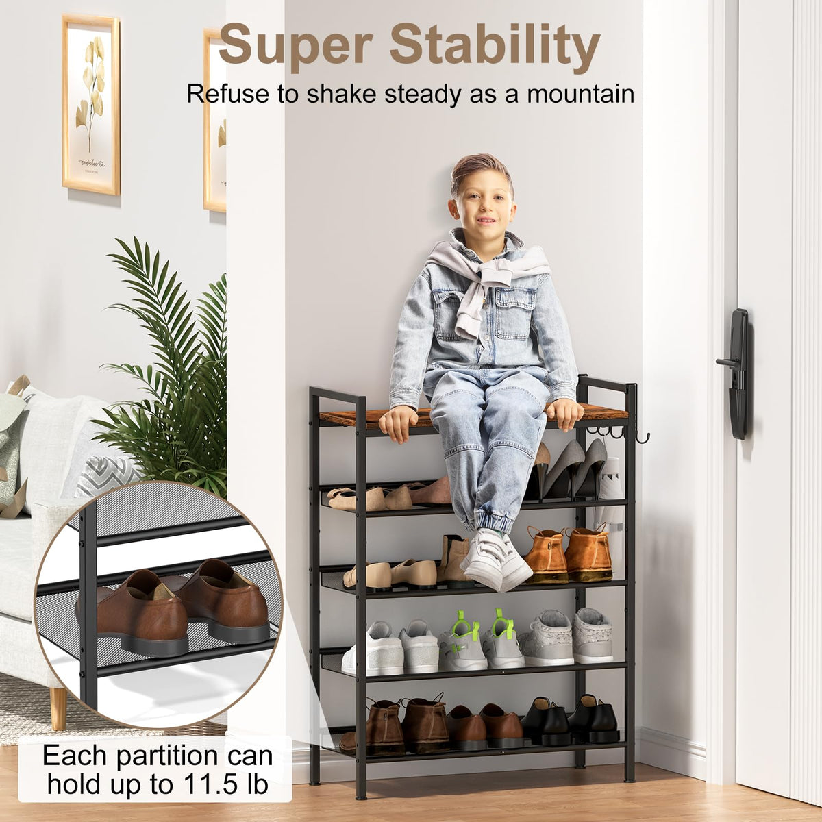Refrze adjustable-height five-tier rack fits diverse footwear sizes.