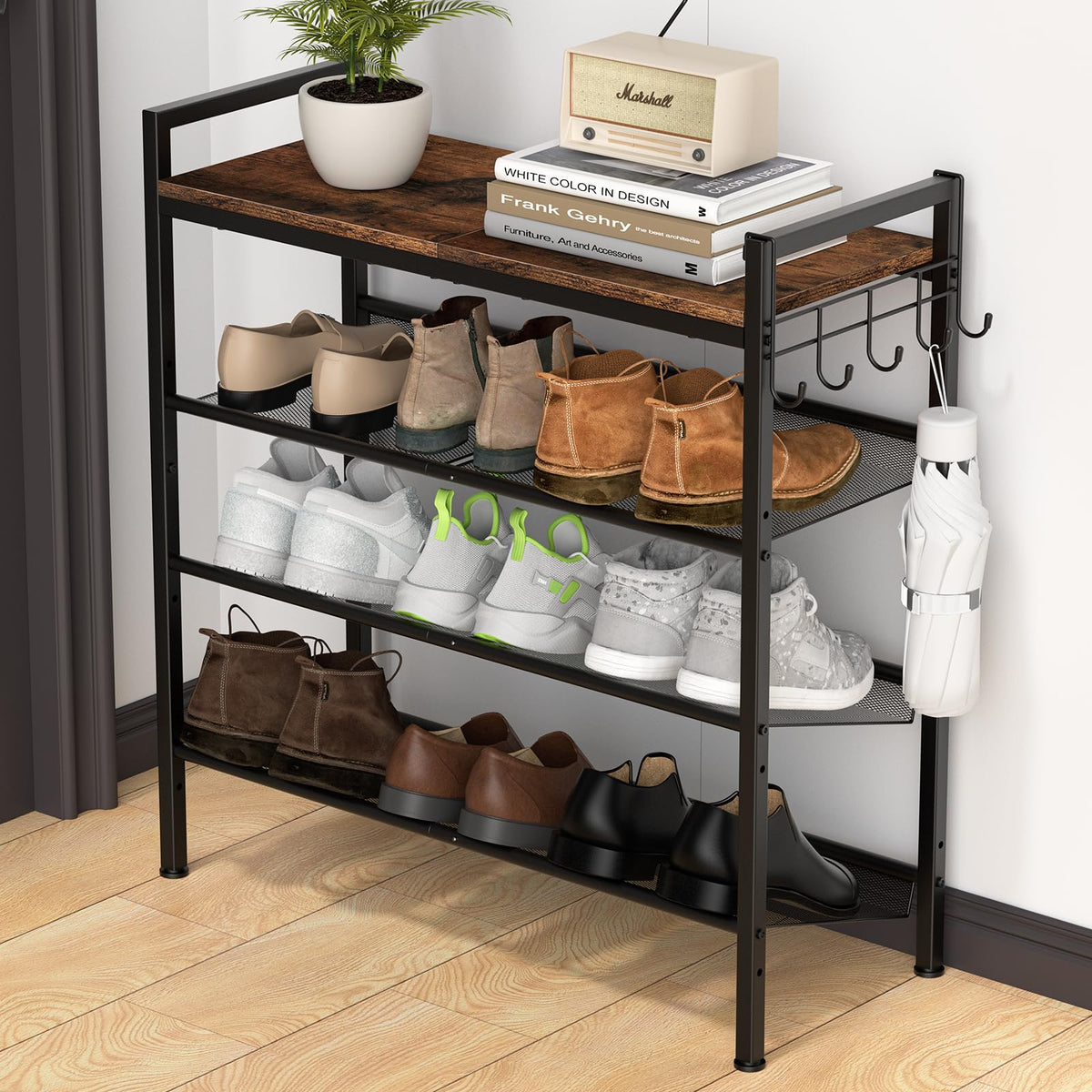 Refrze 4-tier shoe rack at entryway keeps shoes neatly organized and accessible.