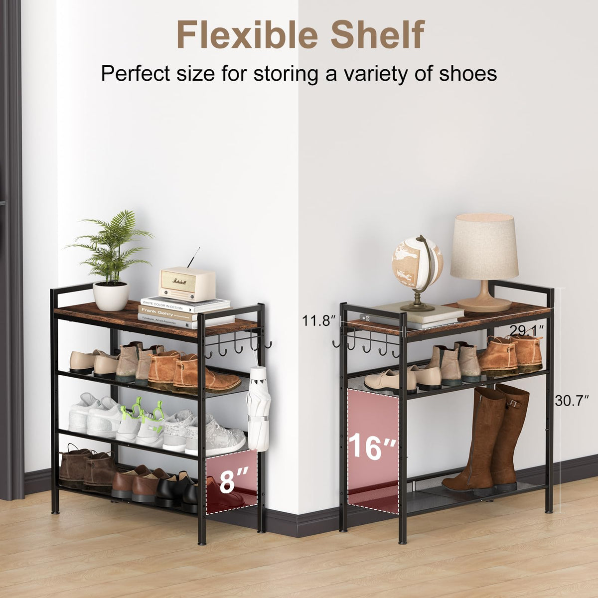 Refrze height-adjustable holes allow tailored shoe storage for varied footwear.