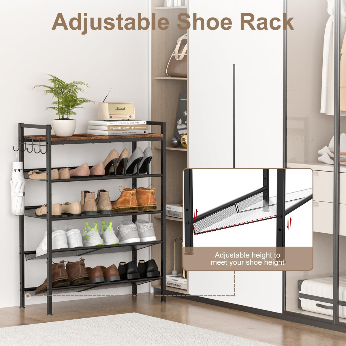 Refrze wood-top, metal-frame rack adds sturdy surface for small items.