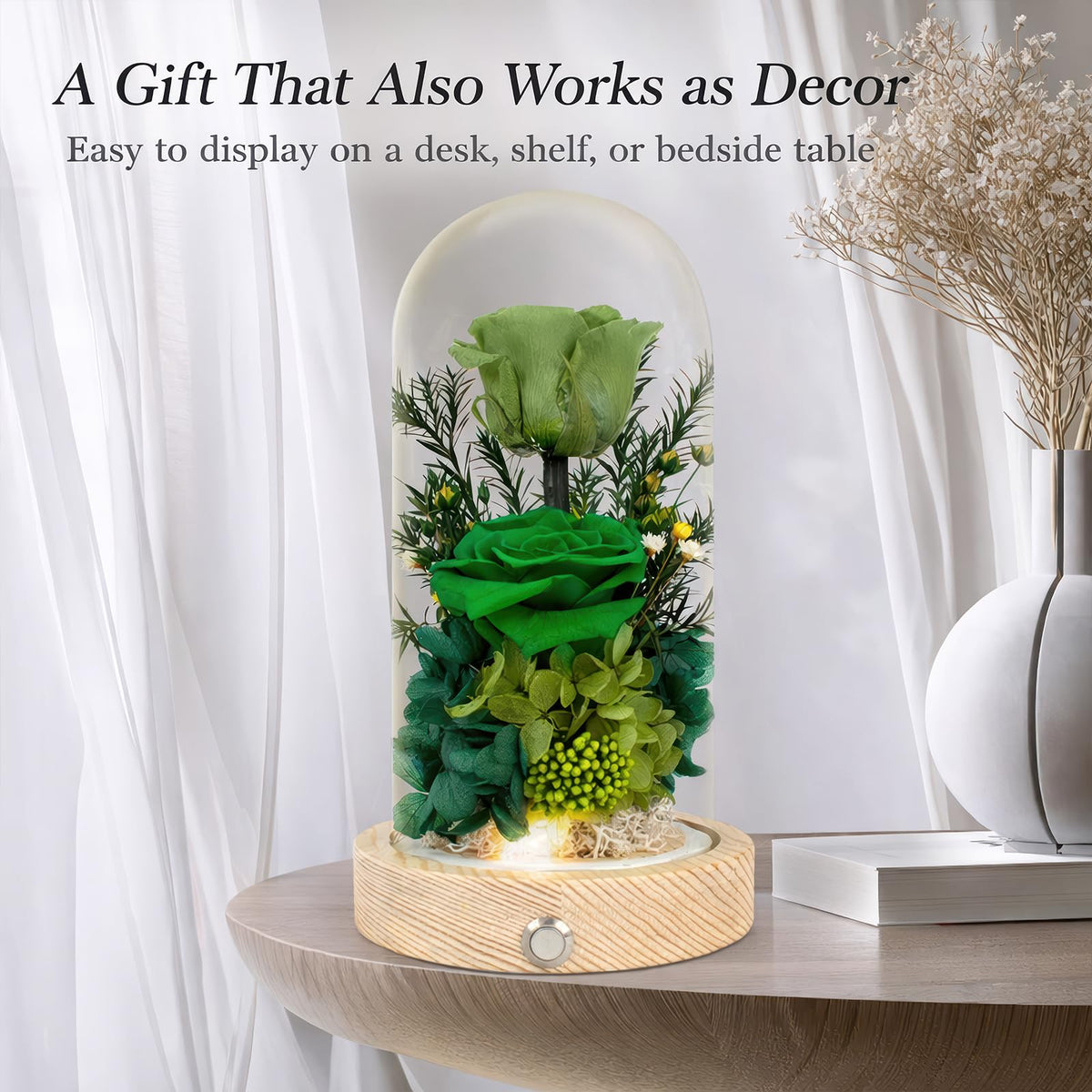 Regalo Flor glass dome with preserved rose and gentle LED light for ambiance