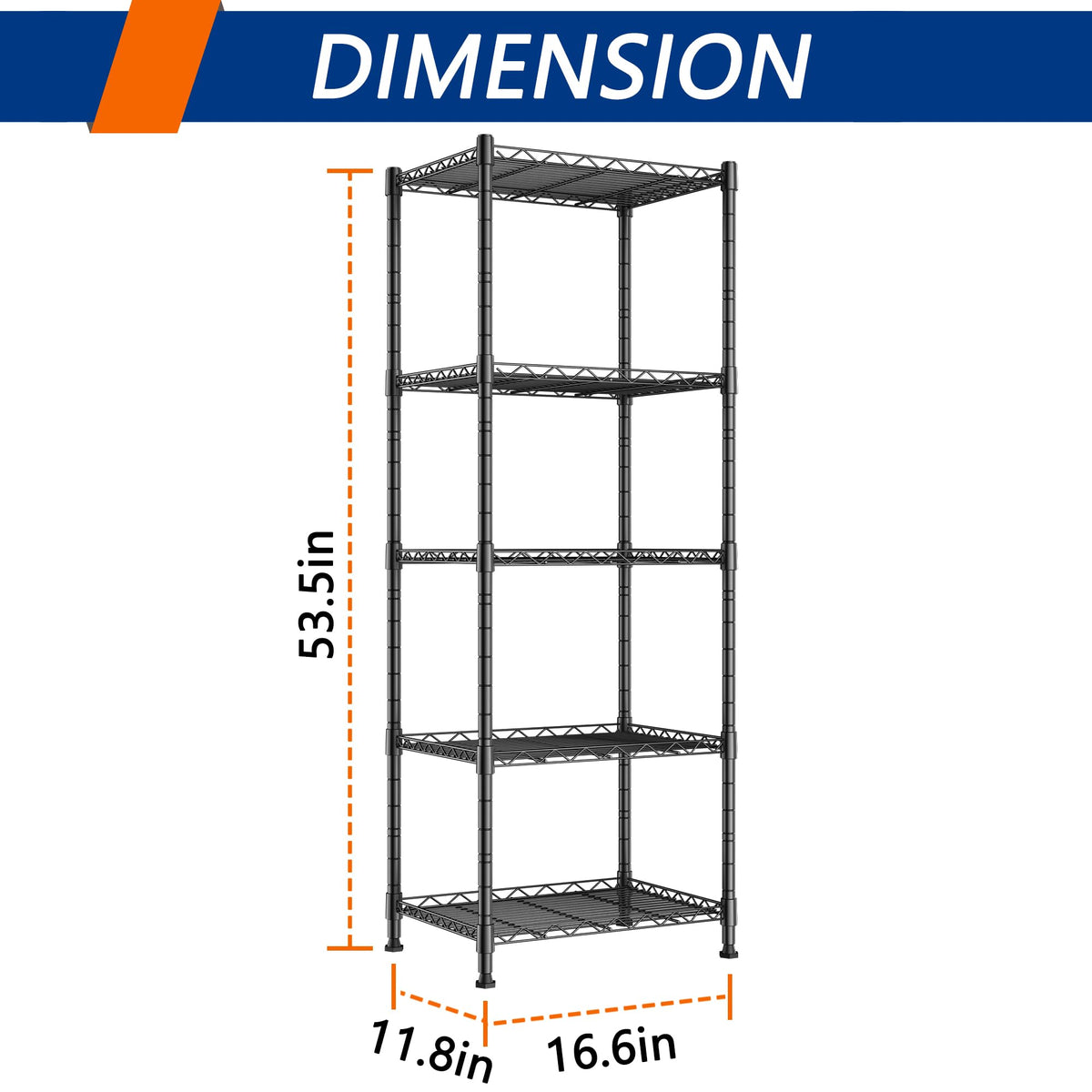 REGILLER 5-Wire shelving dimensions setup demonstrates adjustable height.