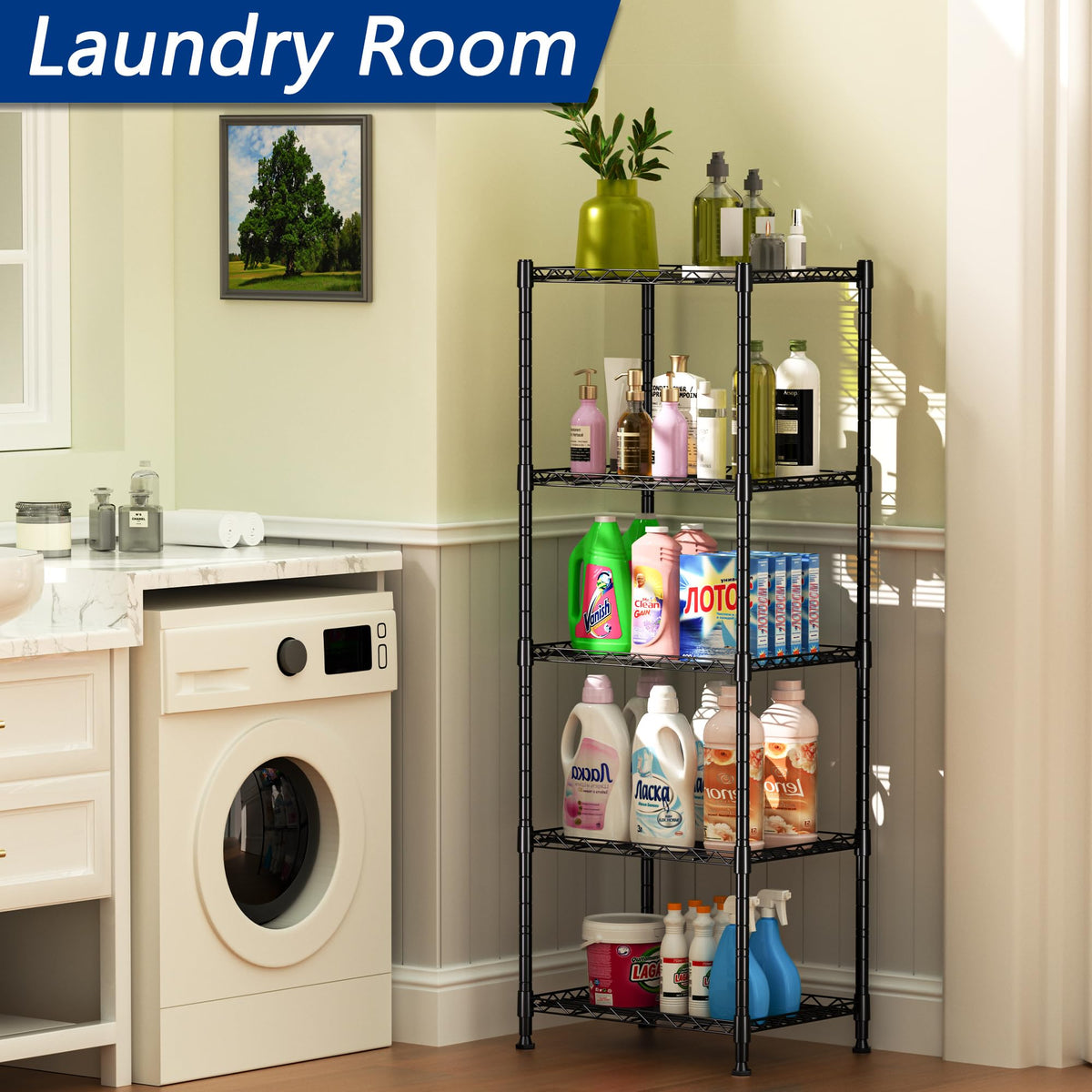 REGILLER 5-Wire shelving with adjusted shelves fits flexible kitchen storage.