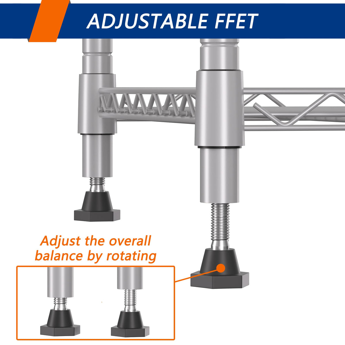 REGILLER 5-Wire shelving unit adjustable feet on uneven floors ensure a level setup.