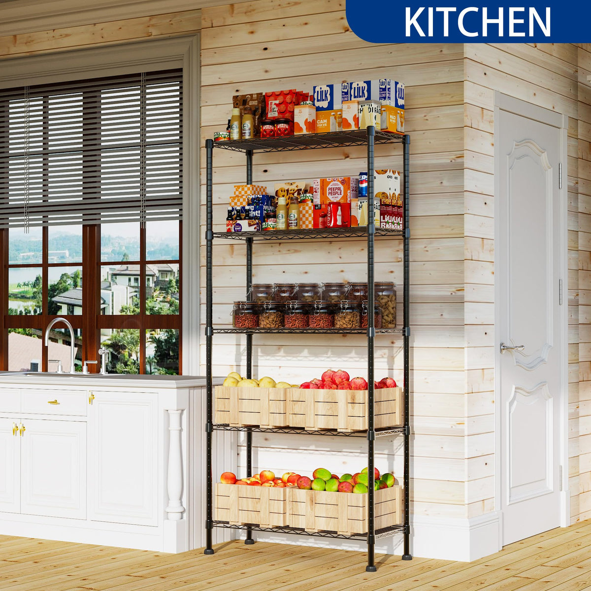 REGILLER 5-Wire Shelving Assembly demonstrates tool-free setup for quick organization.