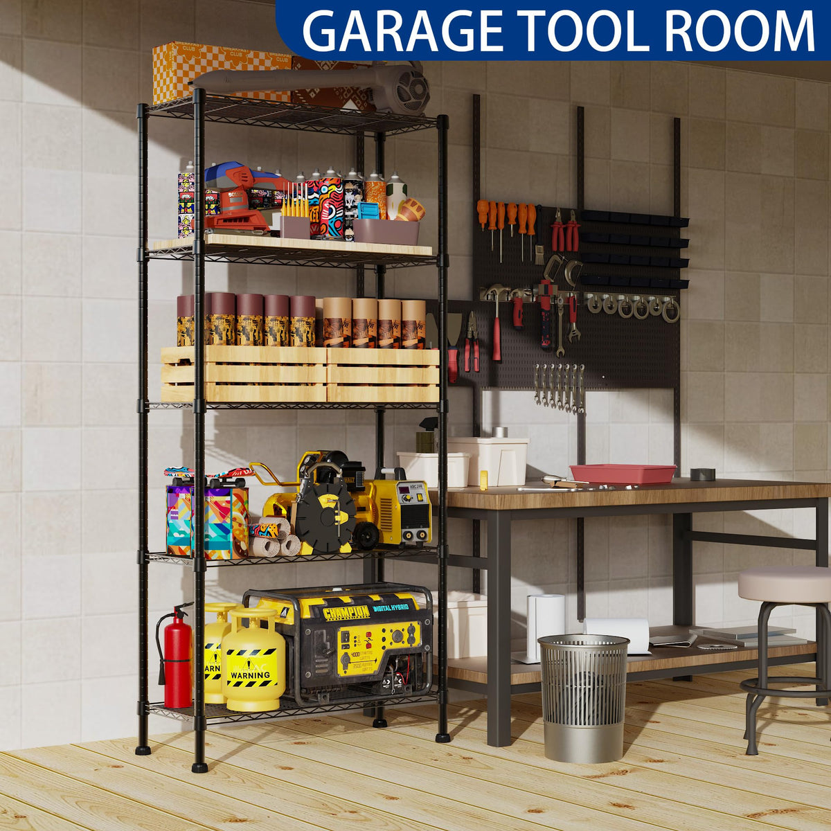 REGILLER 5-Wire Shelving unit side view emphasizes compact footprint and spacious storage.