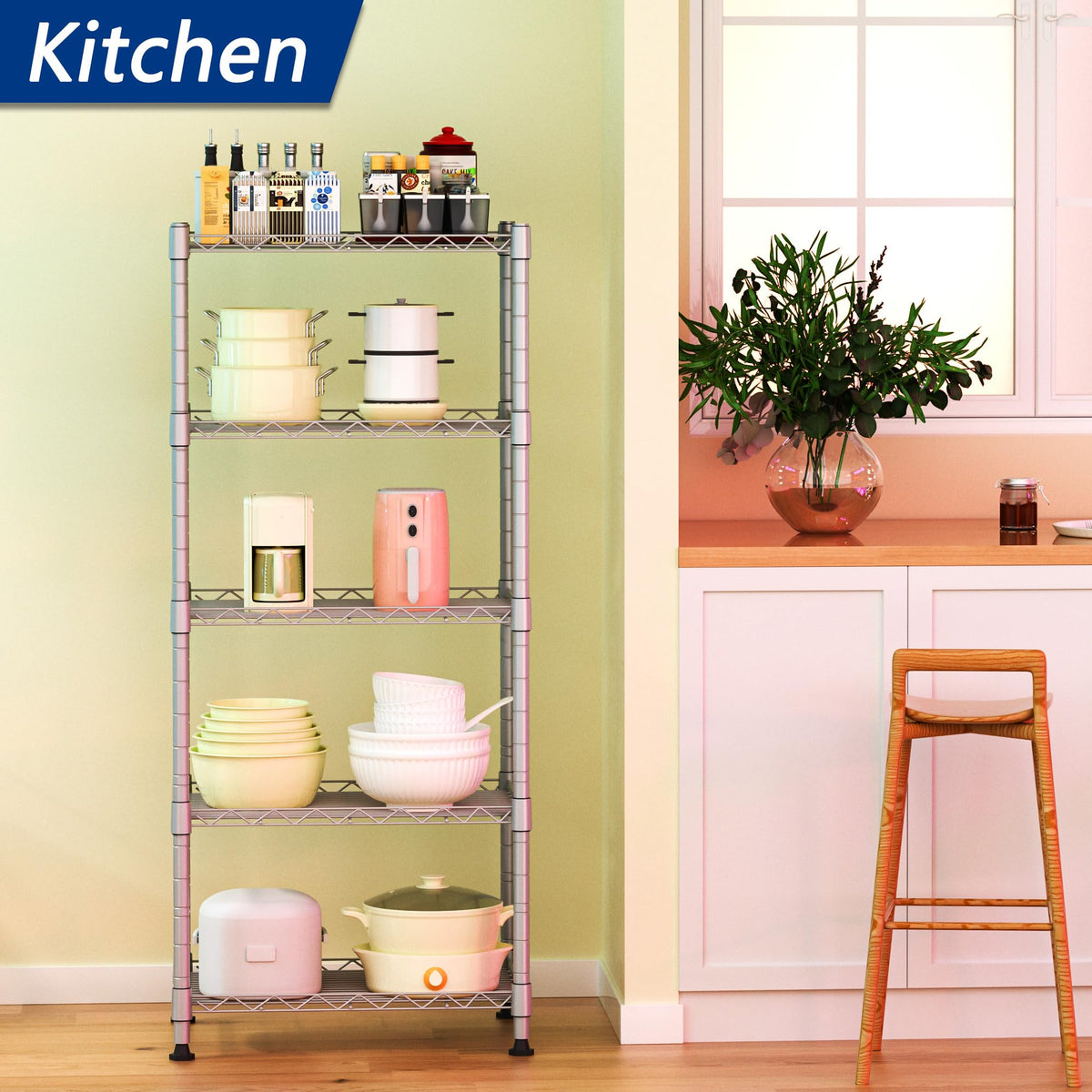 REGILLER 5-Wire shelving unit side view shows sturdy frame and space-saving profile.