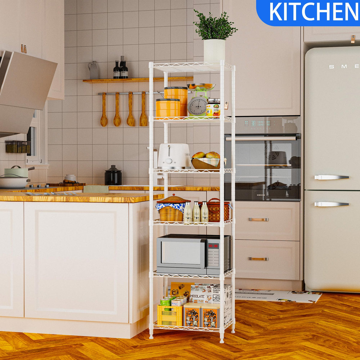 REGILLER 6-wire shelving unit with adjustable shelves for modular organization.